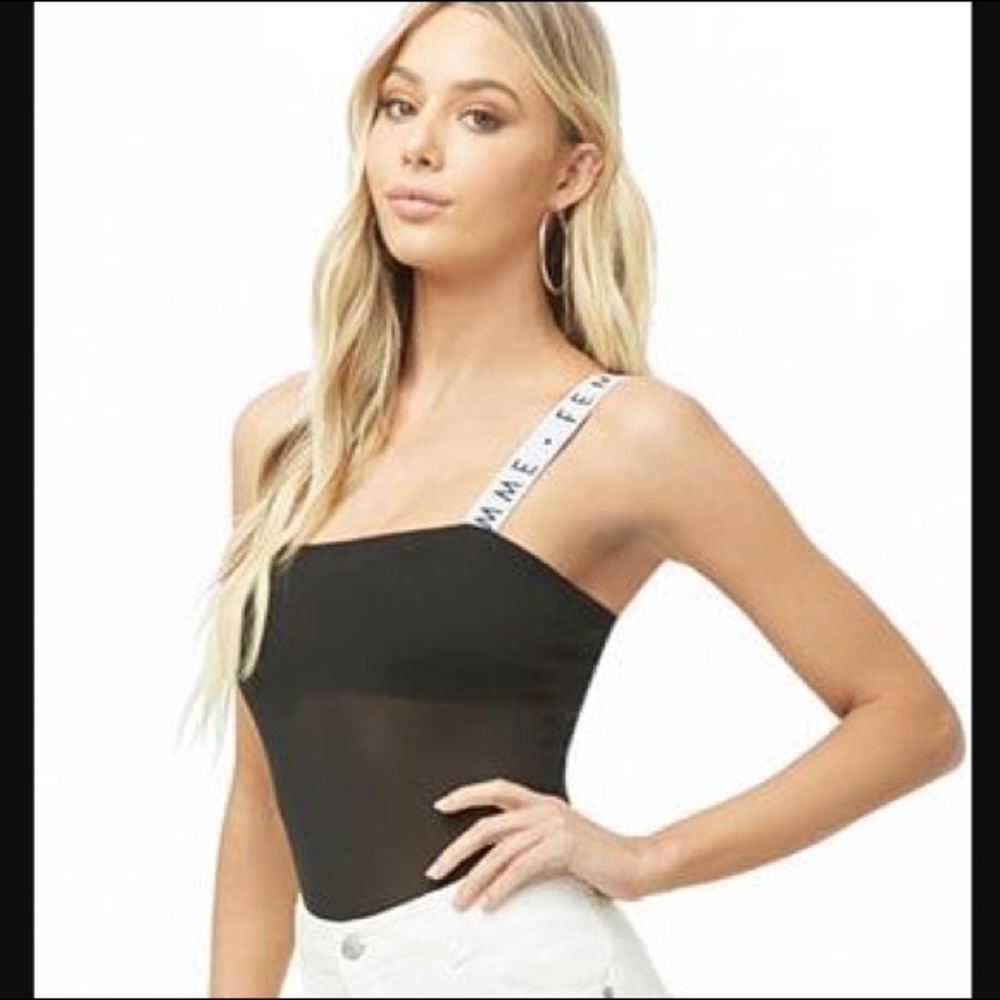 NWT F21 ‘Femme’ Strap Black Sheer Mesh Bodysuit